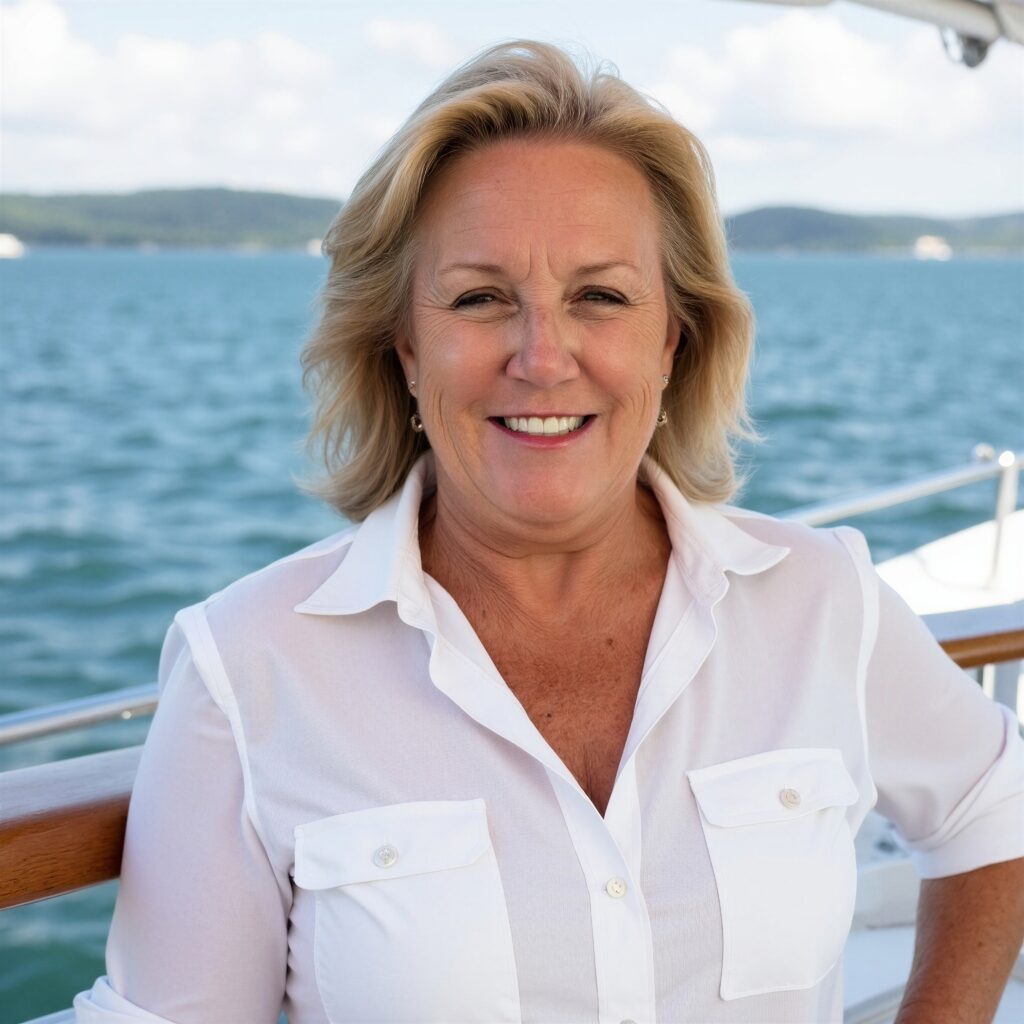 Smiling woman on a boat with ocean background.