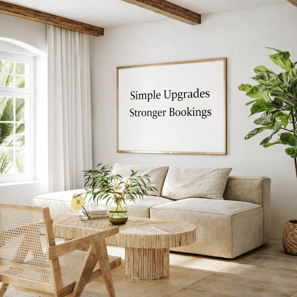 Cozy living room with natural wood furniture and a motivational sign.