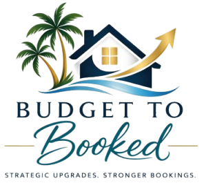 Logo with palm trees, house, and upward arrow symbolizing growth.